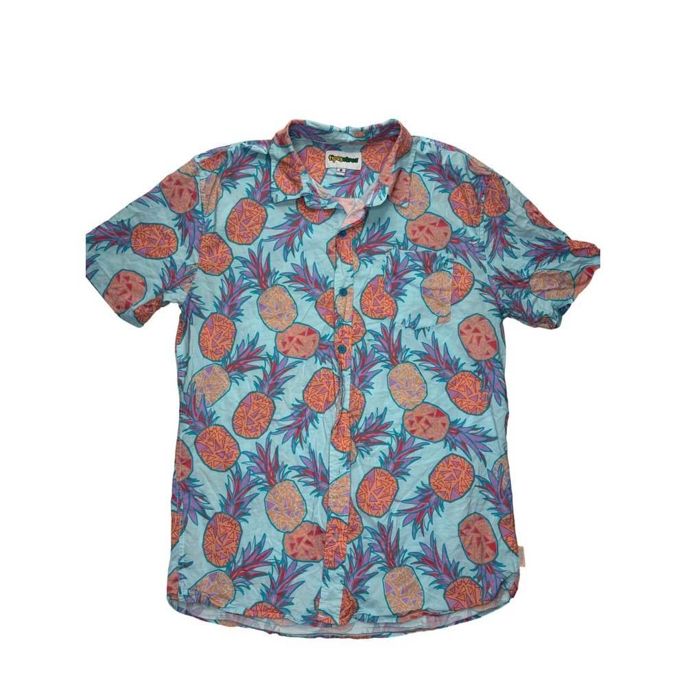 Tipsy Elves Shirt Mens XL Blue Pineapple Print Cotton Rayon Button Up S/S Casual